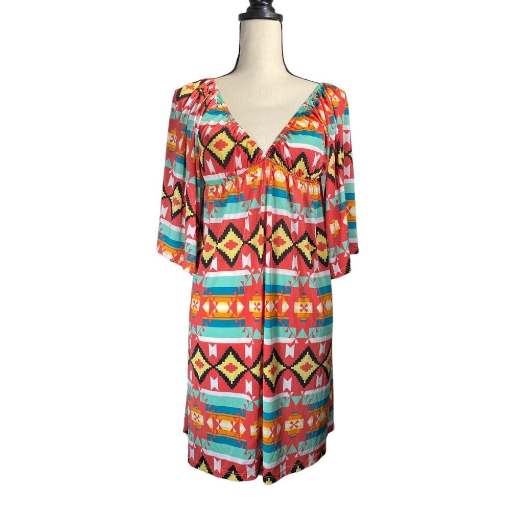 Boho‎ Chic V-Neck Tribal Print Mini Dress With 3/4 Sleeves & Empire Waist - Picture 3 of 12